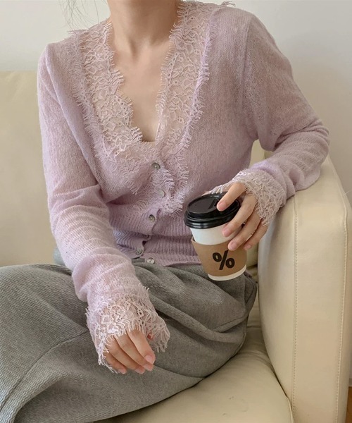 COCOMOMO(ココモモ)の「儚げ透明感と繊細レース シアーレースカーディガン シアーカーディガン レースカーディガン 長袖 カーディガン トップス レース シアー サマーニット 薄手 春服 夏服(カーディガン/ボレロ・レディース・ライトグリーン/ブラウン/ライトパープル/ライトイエロー/ライトブルー/ブラック/ライトピンク/ホワイト・FREE)」の16枚目の写真