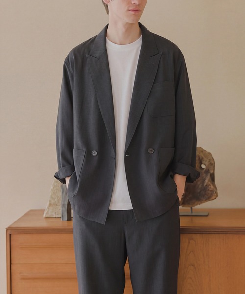 MILITARY(ミリタリー)の「【MAISON CLUB】DRY TOUCH Easy Double Jacket / リネンライクドライタッチイージーダブルジャケット(テーラードジャケット・メンズ・ブラック/グレー・L/M)」の2枚目の写真