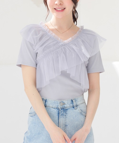 Honeys(ハニーズ)の「チュールフリルトップス(Tシャツ/カットソー・レディース・ピンク/ホワイト/ブラック/グレー・L/LL/M/S)」の3枚目の写真