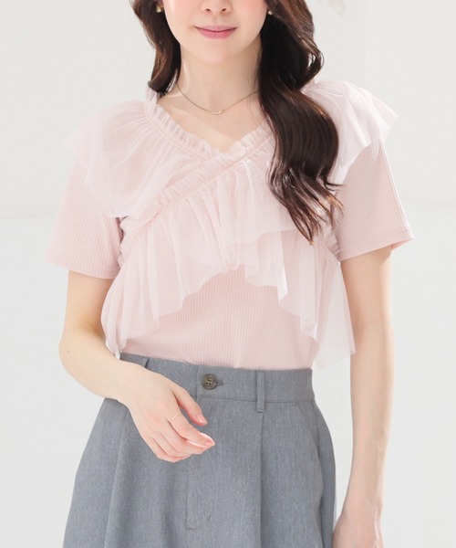 Honeys(ハニーズ)の「チュールフリルトップス(Tシャツ/カットソー・レディース・ピンク/ホワイト/ブラック/グレー・L/LL/M/S)」の4枚目の写真