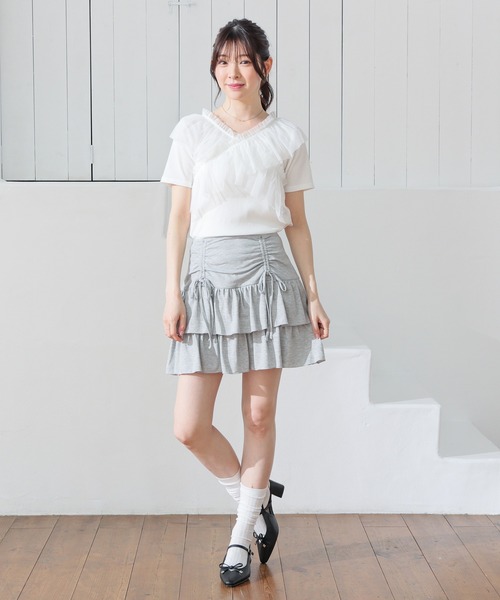 Honeys(ハニーズ)の「チュールフリルトップス(Tシャツ/カットソー・レディース・ピンク/ホワイト/ブラック/グレー・L/LL/M/S)」の6枚目の写真