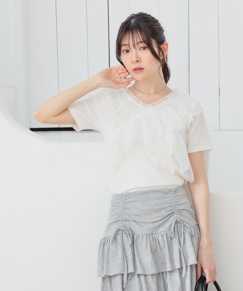 Honeys(ハニーズ)の「チュールフリルトップス(Tシャツ/カットソー・レディース・ピンク/ホワイト/ブラック/グレー・L/LL/M/S)」の7枚目の写真