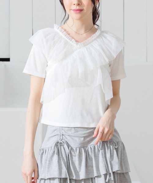 Honeys(ハニーズ)の「チュールフリルトップス(Tシャツ/カットソー・レディース・ピンク/ホワイト/ブラック/グレー・L/LL/M/S)」の8枚目の写真