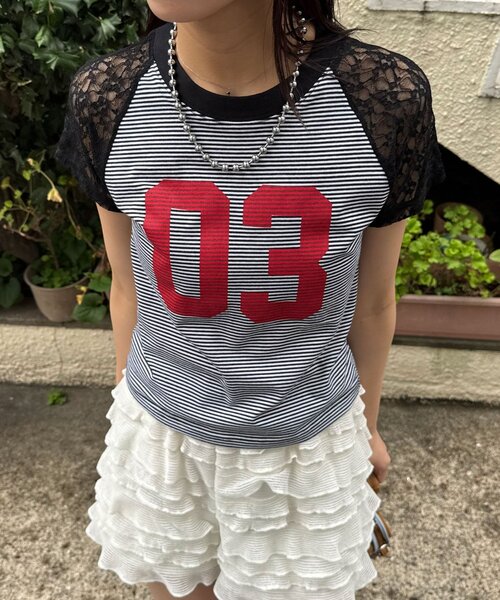 CIAOPANIC(チャオパニック)の「袖レースナンバリングボーダーラグランTee(Tシャツ/カットソー・レディース・ブラック/オレンジ/ネイビー/ブラウン・ONE SIZE)」の5枚目の写真