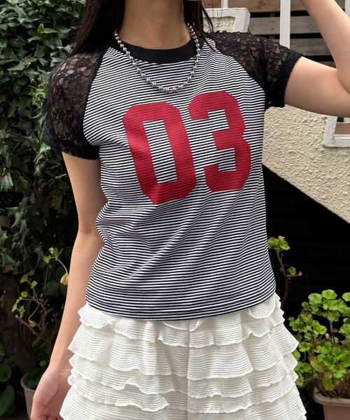CIAOPANIC(チャオパニック)の「袖レースナンバリングボーダーラグランTee(Tシャツ/カットソー・レディース・ブラック/オレンジ/ネイビー/ブラウン・ONE SIZE)」の7枚目の写真