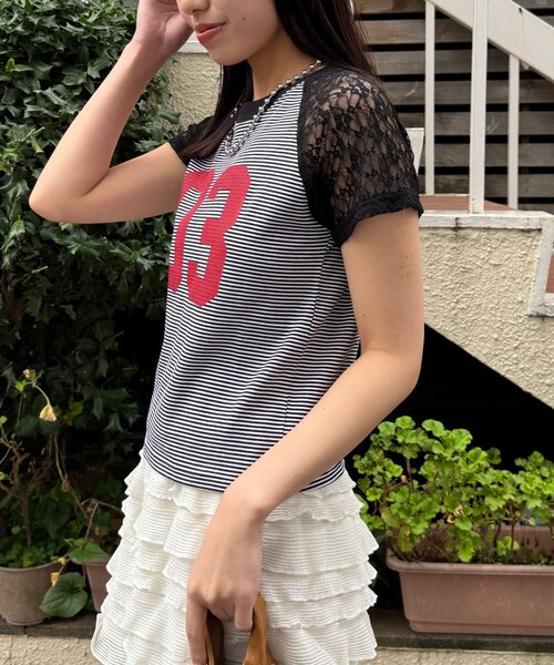 CIAOPANIC(チャオパニック)の「袖レースナンバリングボーダーラグランTee(Tシャツ/カットソー・レディース・ブラック/オレンジ/ネイビー/ブラウン・ONE SIZE)」の8枚目の写真