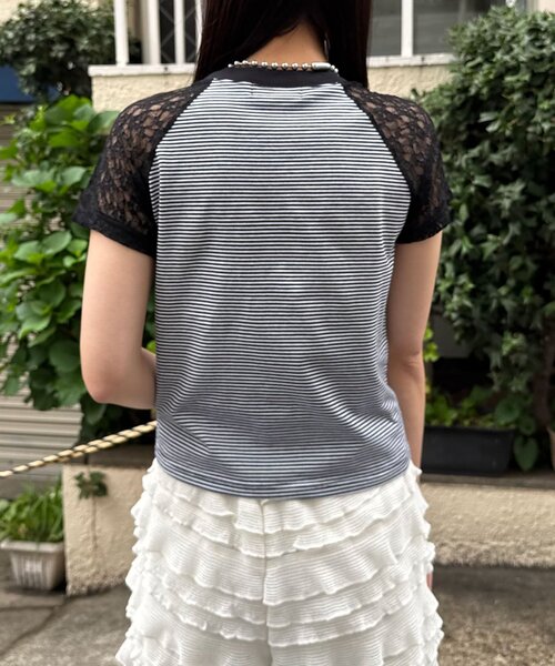 CIAOPANIC(チャオパニック)の「袖レースナンバリングボーダーラグランTee(Tシャツ/カットソー・レディース・ブラック/オレンジ/ネイビー/ブラウン・ONE SIZE)」の9枚目の写真
