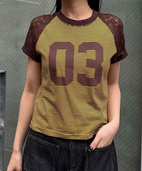 CIAOPANIC(チャオパニック)の「袖レースナンバリングボーダーラグランTee(Tシャツ/カットソー・レディース・ブラック/オレンジ/ネイビー/ブラウン・ONE SIZE)」の13枚目の写真