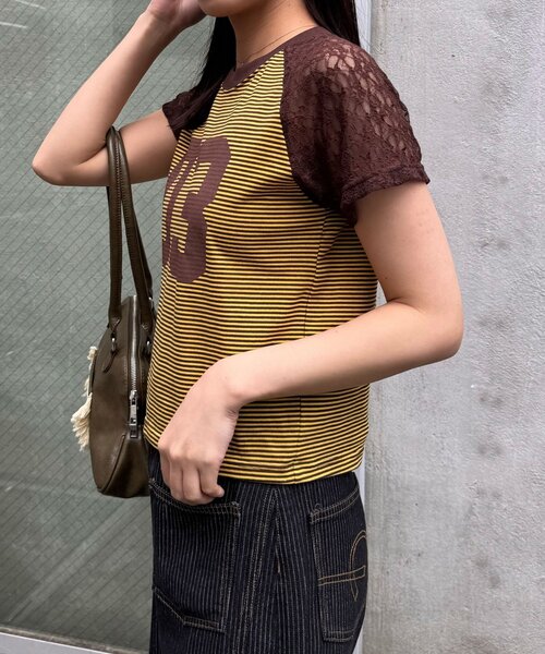 CIAOPANIC(チャオパニック)の「袖レースナンバリングボーダーラグランTee(Tシャツ/カットソー・レディース・ブラック/オレンジ/ネイビー/ブラウン・ONE SIZE)」の14枚目の写真