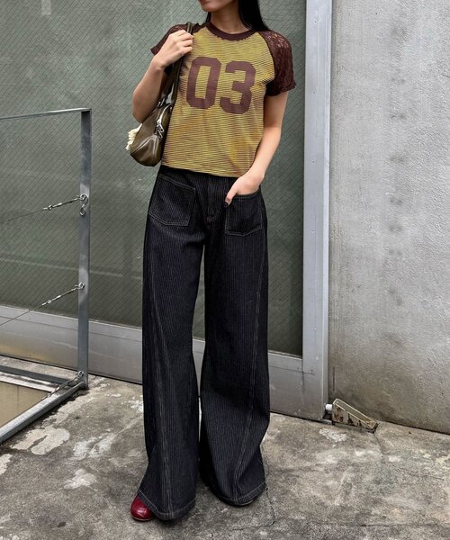 CIAOPANIC(チャオパニック)の「袖レースナンバリングボーダーラグランTee(Tシャツ/カットソー・レディース・ブラック/オレンジ/ネイビー/ブラウン・ONE SIZE)」の16枚目の写真