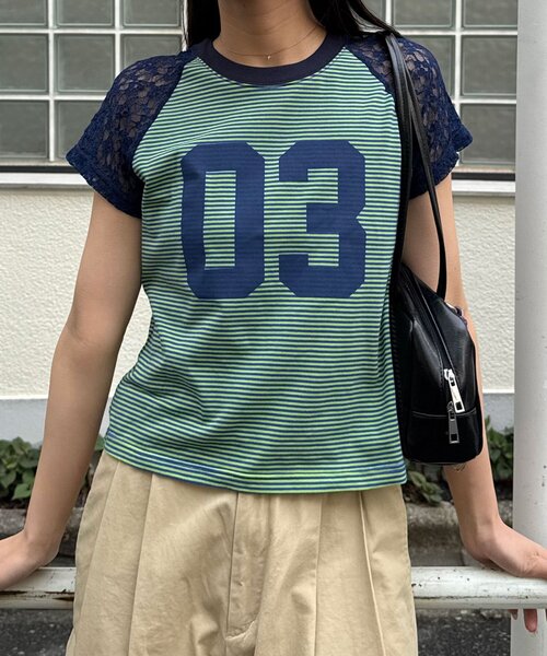 CIAOPANIC(チャオパニック)の「袖レースナンバリングボーダーラグランTee(Tシャツ/カットソー・レディース・ブラック/オレンジ/ネイビー/ブラウン・ONE SIZE)」の19枚目の写真