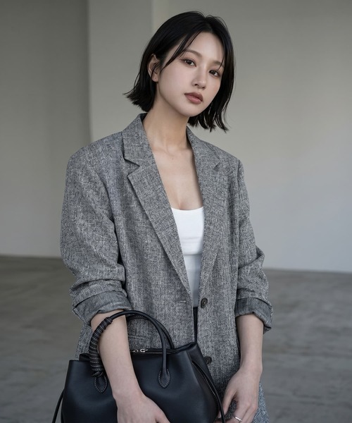 STYLE DELI(スタイルデリ)の「【BLK001】ミックスツイードベルト付きジャケット(テーラードジャケット・レディース・ブラウン/グレー/ネイビー・FREE)」の6枚目の写真