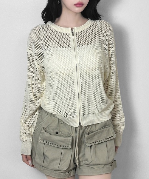 FOLLOWIN(フォロウィン)の「【3COLOR】ルーズメッシュジップニットカーディガン(カーディガン/ボレロ・レディース・ホワイト/ブラック/グレー・FREE)」の1枚目の写真