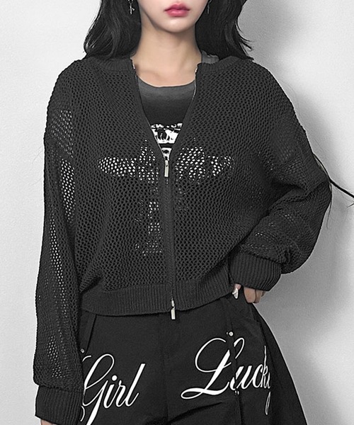 FOLLOWIN(フォロウィン)の「【3COLOR】ルーズメッシュジップニットカーディガン(カーディガン/ボレロ・レディース・ホワイト/ブラック/グレー・FREE)」の2枚目の写真