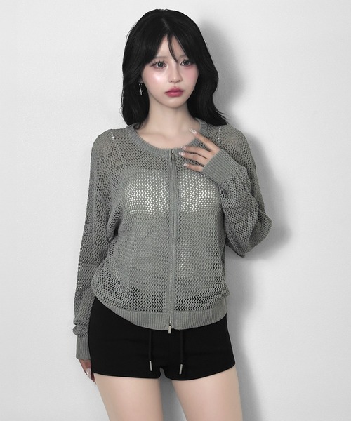 FOLLOWIN(フォロウィン)の「【3COLOR】ルーズメッシュジップニットカーディガン(カーディガン/ボレロ・レディース・ホワイト/ブラック/グレー・FREE)」の21枚目の写真