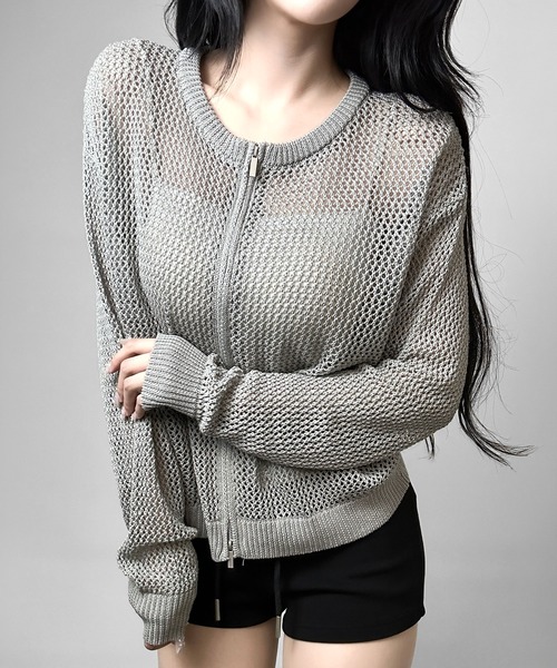 FOLLOWIN(フォロウィン)の「【3COLOR】ルーズメッシュジップニットカーディガン(カーディガン/ボレロ・レディース・ホワイト/ブラック/グレー・FREE)」の16枚目の写真