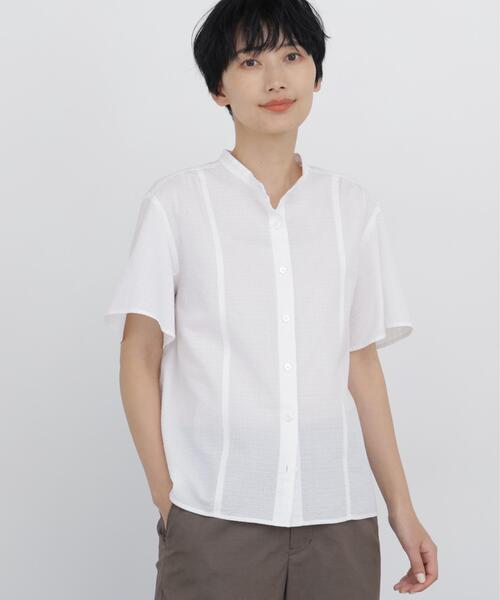 human woman(ヒューマンウーマン)の「◆【ウォッシャブル】先染めサッカーブラウス(シャツ/ブラウス・レディース・クリアブラウン/ダークインディゴブルー/ホワイト・MEDIUM)」の5枚目の写真