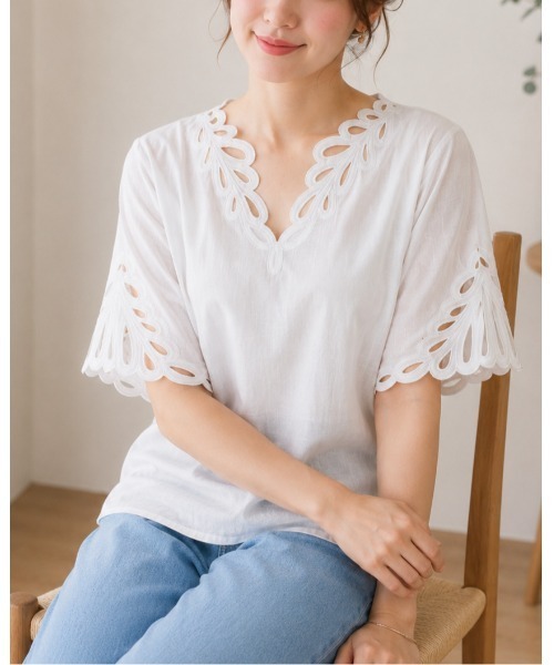 FAZVY(ファズビー)の「Vネックリネン風ブラウス(シャツ/ブラウス・レディース・ブルー/ホワイト・M)」の9枚目の写真