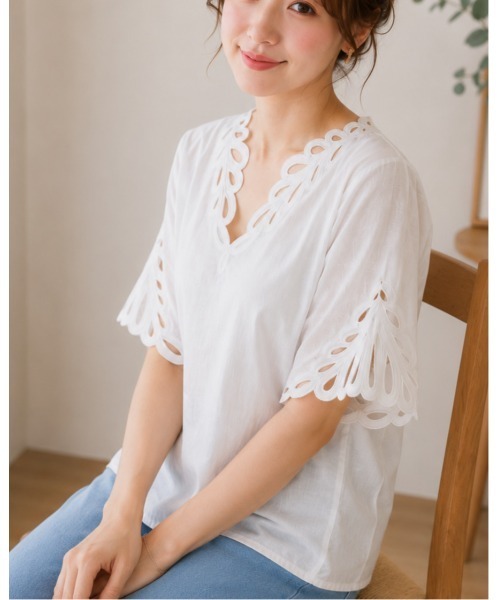 FAZVY(ファズビー)の「Vネックリネン風ブラウス(シャツ/ブラウス・レディース・ブルー/ホワイト・M)」の10枚目の写真