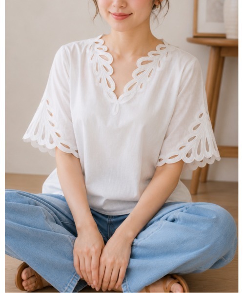 FAZVY(ファズビー)の「Vネックリネン風ブラウス(シャツ/ブラウス・レディース・ブルー/ホワイト・M)」の13枚目の写真