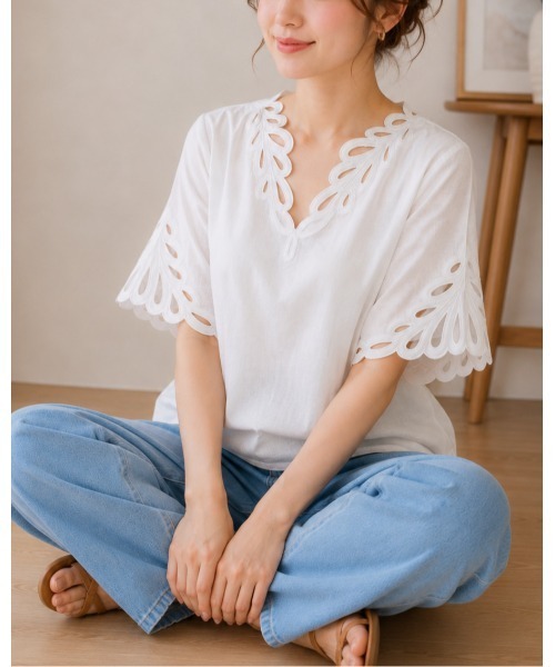 FAZVY(ファズビー)の「Vネックリネン風ブラウス(シャツ/ブラウス・レディース・ブルー/ホワイト・M)」の14枚目の写真