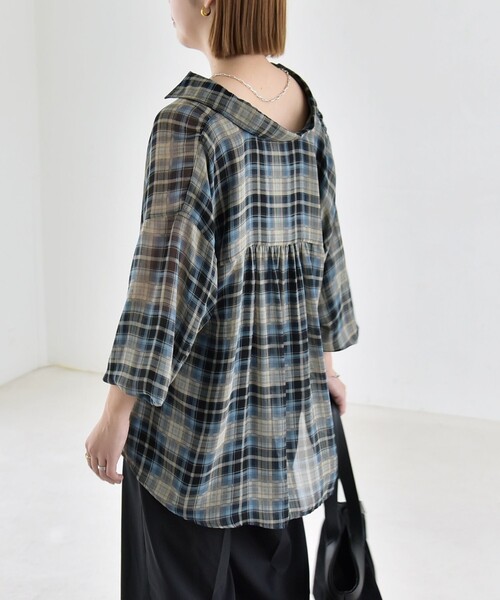 quaranciel(カランシエル)の「quaranciel:〈洗濯機可能〉シアー チェック ギャザー プルオーバー シャツ(シャツ/ブラウス・レディース・ブルー/ブラウン・ONE SIZE)」の20枚目の写真