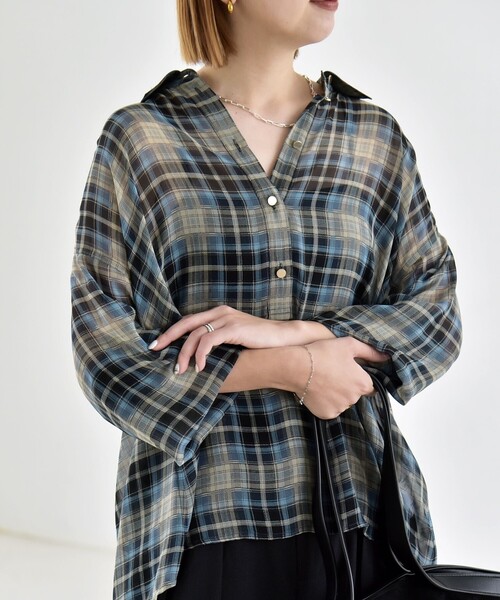 quaranciel(カランシエル)の「quaranciel:〈洗濯機可能〉シアー チェック ギャザー プルオーバー シャツ(シャツ/ブラウス・レディース・ブルー/ブラウン・ONE SIZE)」の17枚目の写真