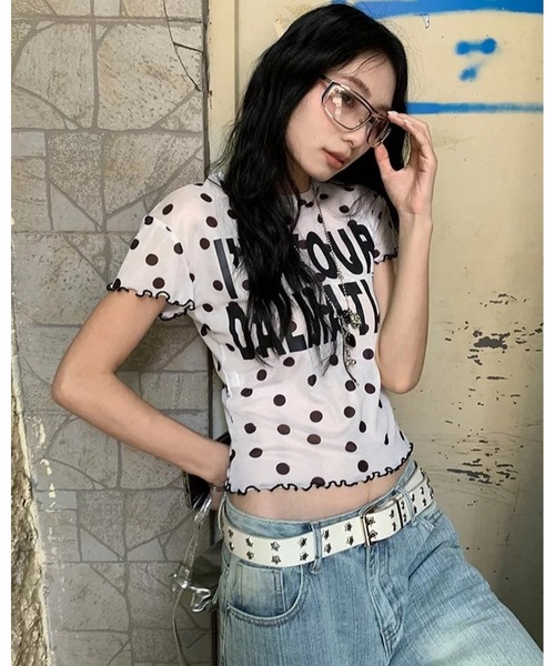 inst.ALL(インストール)の「ドット柄ロゴプリントシアーTシャツ(Tシャツ/カットソー・レディース・ブラック/ホワイト・M)」の2枚目の写真