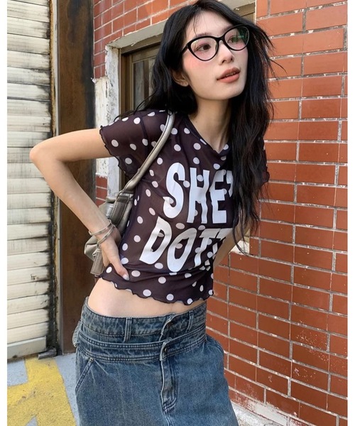 inst.ALL(インストール)の「ドット柄ロゴプリントシアーTシャツ(Tシャツ/カットソー・レディース・ブラック/ホワイト・M)」の1枚目の写真