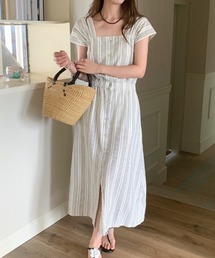 スクエアネック ストライプフロントボタンワンピース