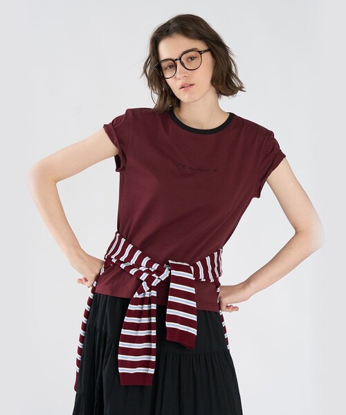 To b. by agnes b.(トゥービーバイアニエスベー)の「To b. by agnes b.× green label relaxing ロゴ刺繍 オーガニックコットン リンガーTシャツ(Tシャツ/カットソー・レディース・ボルドー・FREE)」の1枚目の写真