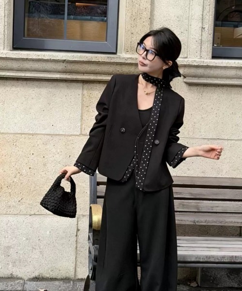 Ritzy(リッツィー)の「水玉リボン付き Vネックショートジャケット(テーラードジャケット・レディース・ブラック/グレー・M)」の9枚目の写真