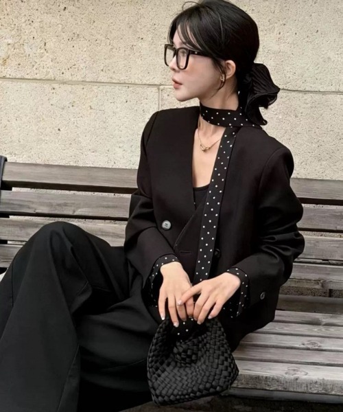 Ritzy(リッツィー)の「水玉リボン付き Vネックショートジャケット(テーラードジャケット・レディース・ブラック/グレー・M)」の13枚目の写真