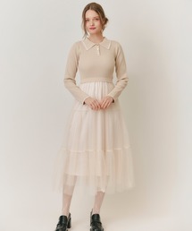 ポロニット×チュールティアードドッキングロングワンピース