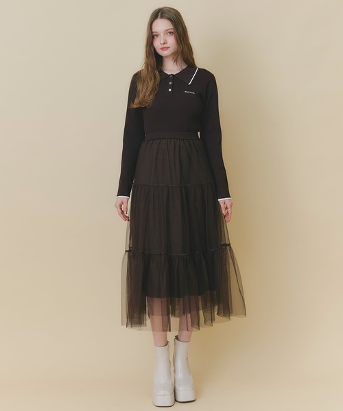 REDYAZEL（レディアゼル）の「ポロニット×チュールティアードドッキングロングワンピース（ワンピース・レディース・ベージュ/ブラウン/ネイビー・FREE）」の2枚目の写真
