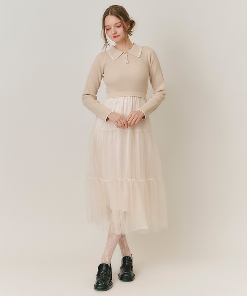 REDYAZEL（レディアゼル）の「ポロニット×チュールティアードドッキングロングワンピース（ワンピース・レディース・ベージュ/ブラウン/ネイビー・FREE）」の20枚目の写真