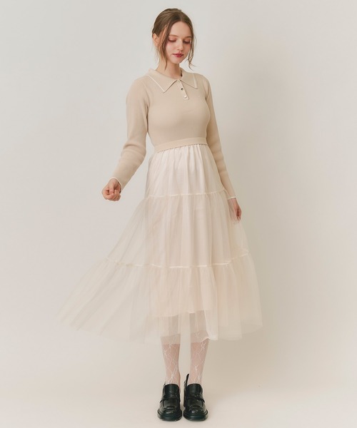 REDYAZEL（レディアゼル）の「ポロニット×チュールティアードドッキングロングワンピース（ワンピース・レディース・ベージュ/ブラウン/ネイビー・FREE）」の22枚目の写真