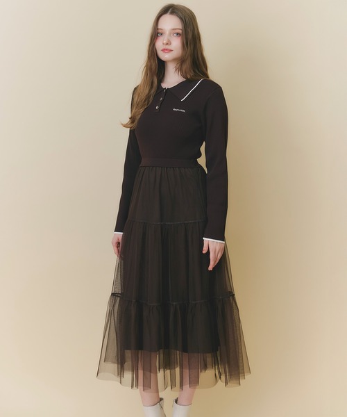REDYAZEL（レディアゼル）の「ポロニット×チュールティアードドッキングロングワンピース（ワンピース・レディース・ベージュ/ブラウン/ネイビー・FREE）」の4枚目の写真