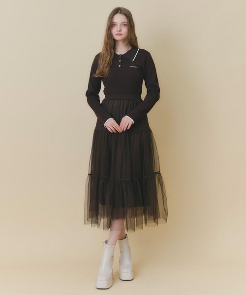 REDYAZEL（レディアゼル）の「ポロニット×チュールティアードドッキングロングワンピース（ワンピース・レディース・ベージュ/ブラウン/ネイビー・FREE）」の5枚目の写真