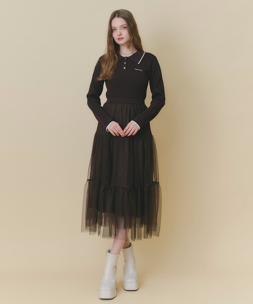 REDYAZEL（レディアゼル）の「ポロニット×チュールティアードドッキングロングワンピース（ワンピース・レディース・ベージュ/ブラウン/ネイビー・FREE）」の7枚目の写真