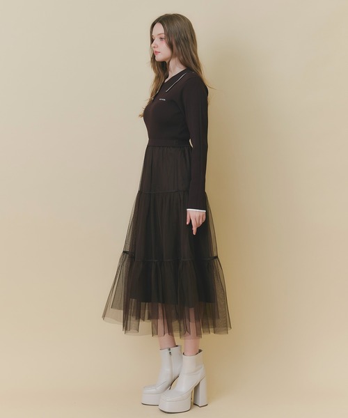 REDYAZEL（レディアゼル）の「ポロニット×チュールティアードドッキングロングワンピース（ワンピース・レディース・ベージュ/ブラウン/ネイビー・FREE）」の8枚目の写真