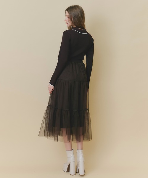 REDYAZEL（レディアゼル）の「ポロニット×チュールティアードドッキングロングワンピース（ワンピース・レディース・ベージュ/ブラウン/ネイビー・FREE）」の9枚目の写真
