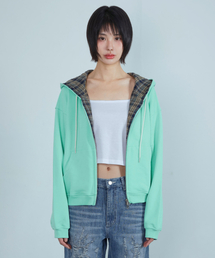 ke110. チェック柄ジップアップフーディー ミント