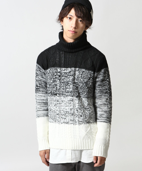 ZIP FIVE（ジップファイブ）の「ケーブルタートルニット【ローゲージニット】（ニット/セーター・メンズ・キャメル/ホワイト×ネイビー/アイボリー/ブラック/ワイン/カーキ/ホワイト×ブラック/グレー/ブルー/ダークグリーン/オフホワイト/ネイビー/ベージュ・LARGE/X-LARGE/MEDIUM/SMALL）」の3枚目の写真