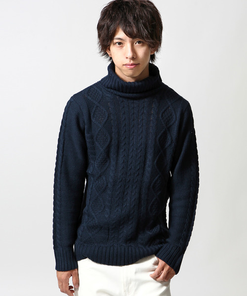 ZIP FIVE（ジップファイブ）の「ケーブルタートルニット【ローゲージニット】（ニット/セーター・メンズ・キャメル/ホワイト×ネイビー/アイボリー/ブラック/ワイン/カーキ/ホワイト×ブラック/グレー/ブルー/ダークグリーン/オフホワイト/ネイビー/ベージュ・LARGE/X-LARGE/MEDIUM/SMALL）」の10枚目の写真
