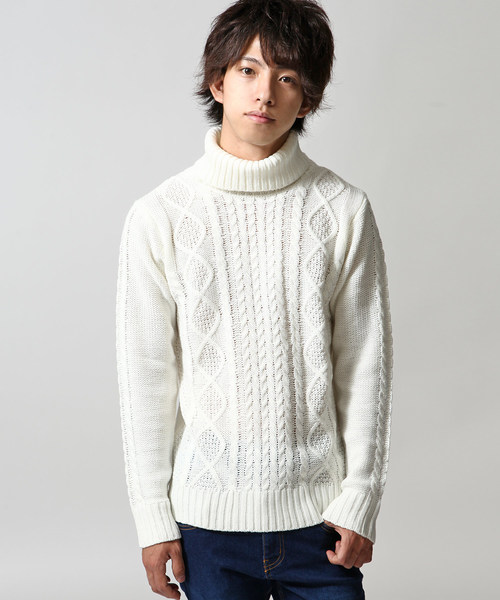 ZIP FIVE（ジップファイブ）の「ケーブルタートルニット【ローゲージニット】（ニット/セーター・メンズ・キャメル/ホワイト×ネイビー/アイボリー/ブラック/ワイン/カーキ/ホワイト×ブラック/グレー/ブルー/ダークグリーン/オフホワイト/ネイビー/ベージュ・LARGE/X-LARGE/MEDIUM/SMALL）」の2枚目の写真