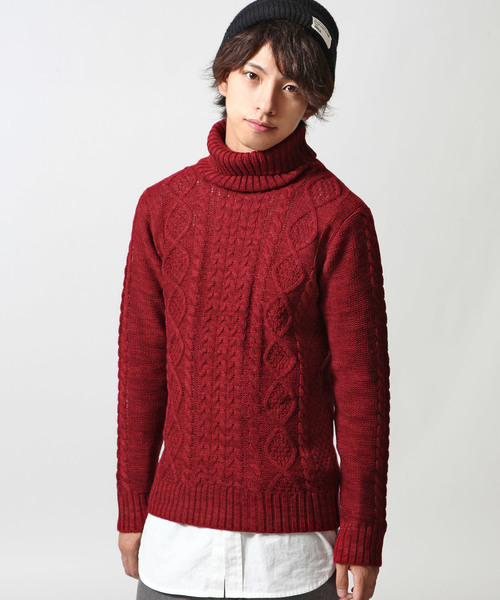 ZIP FIVE（ジップファイブ）の「ケーブルタートルニット【ローゲージニット】（ニット/セーター・メンズ・キャメル/ホワイト×ネイビー/アイボリー/ブラック/ワイン/カーキ/ホワイト×ブラック/グレー/ブルー/ダークグリーン/オフホワイト/ネイビー/ベージュ・LARGE/X-LARGE/MEDIUM/SMALL）」の13枚目の写真