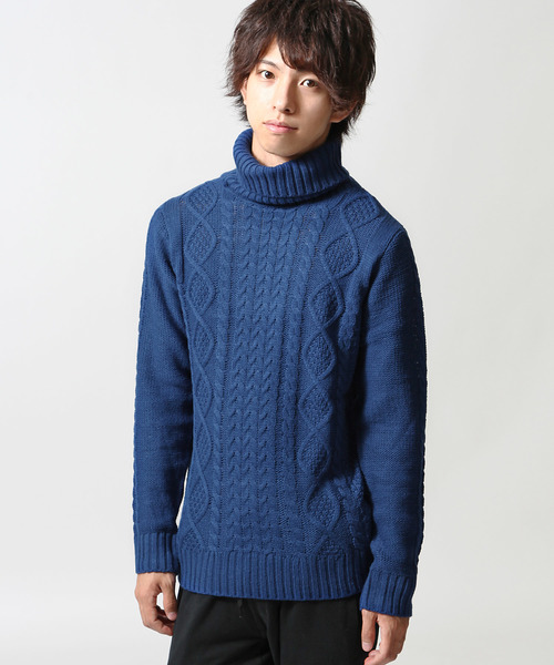 ZIP FIVE（ジップファイブ）の「ケーブルタートルニット【ローゲージニット】（ニット/セーター・メンズ・キャメル/ホワイト×ネイビー/アイボリー/ブラック/ワイン/カーキ/ホワイト×ブラック/グレー/ブルー/ダークグリーン/オフホワイト/ネイビー/ベージュ・LARGE/X-LARGE/MEDIUM/SMALL）」の11枚目の写真