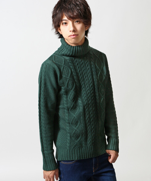 ZIP FIVE（ジップファイブ）の「ケーブルタートルニット【ローゲージニット】（ニット/セーター・メンズ・キャメル/ホワイト×ネイビー/アイボリー/ブラック/ワイン/カーキ/ホワイト×ブラック/グレー/ブルー/ダークグリーン/オフホワイト/ネイビー/ベージュ・LARGE/X-LARGE/MEDIUM/SMALL）」の8枚目の写真