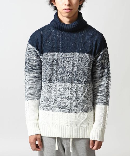 ZIP FIVE（ジップファイブ）の「ケーブルタートルニット【ローゲージニット】（ニット/セーター・メンズ・キャメル/ホワイト×ネイビー/アイボリー/ブラック/ワイン/カーキ/ホワイト×ブラック/グレー/ブルー/ダークグリーン/オフホワイト/ネイビー/ベージュ・LARGE/X-LARGE/MEDIUM/SMALL）」の21枚目の写真